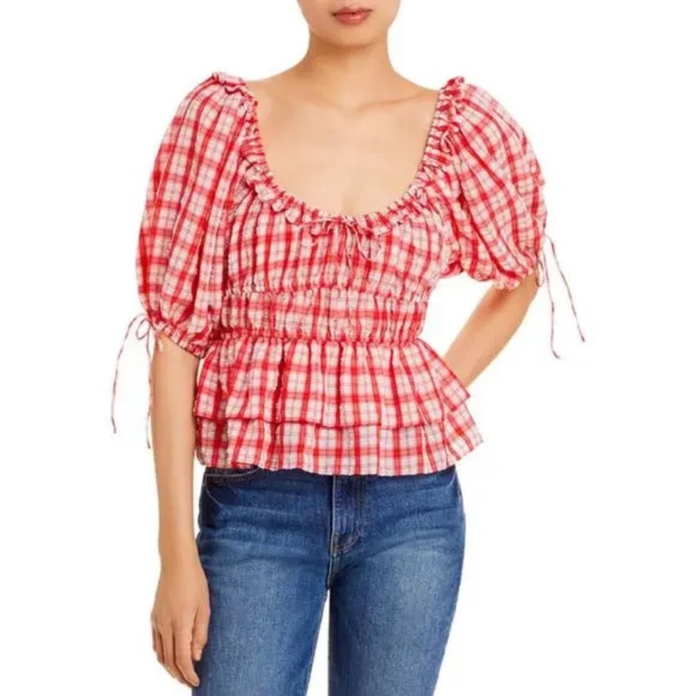 En Saison Red Plaid Ruffled Women's Top - Picture 5 of 5